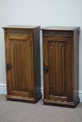 Pair medium oak 'Old Charm' bedside cabinets with linenfold panelled doors, W36cm, H81cm,