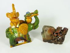 Majolica style Elephant and a Chinese stone carving (2) Condition Report <a