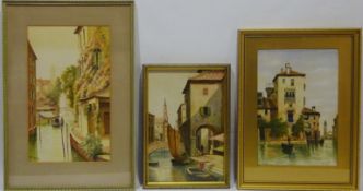 Venetian Canal Scenes, three 20th Century watercolours signed and dated F.