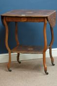 Edwardian inlaid rosewood occasional table, curved drop leaf, undertier,