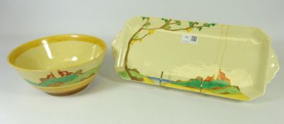 Clarice Cliff Bizarre 'Secrets' pattern sandwich tray with printed marks to base D38cm and a