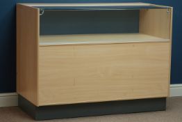 Light beech finish and glazed shops display unit with open back, W121cm, H91cm,