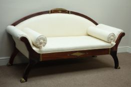 Art Deco style padauk and gilt wood framed sofa (W175cm), and pair matching armchairs (W68cm),