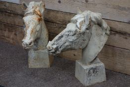 Pair antique white finish cast iron horse head garden figures/gatepost tops,