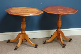 Pair yew wood octagonal pedestal occasional tables Condition Report <a