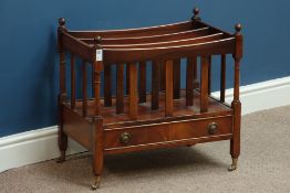 Reproduction mahogany Canterbury, four divisions, single drawer with figured mahogany fascia, W56cm,