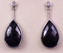 Pair unusual natural unheated faceted pear shaped sapphire drop earrings totalling 21.