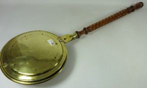 19th Century pitch pine pierced brass warming pan with a twist turned handle Condition
