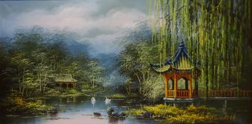 Oriental River Scene depicting Teahouses and Swans,