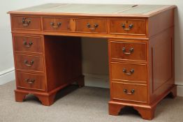 Yew wood twin pedestal desk, eight drawers, leather inset top, W123cm, H77cm,
