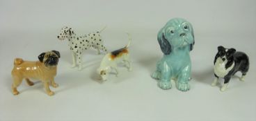 Five Beswick Dogs; Blue seated puppy, Pug, Dalmatian,