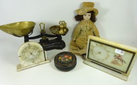 Two Vintage onyx mantle clocks, set of kitchen weighing scales and weights,