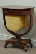 Regency mahogany work table with single drawer and bag beneath, shaped platform base, W63cm, H76cm,