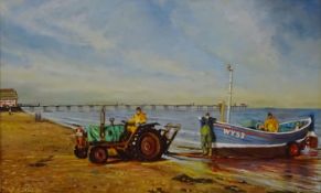 Whitby Coble WY53 at Saltburn Beach, oil on board signed and dated W Sutton (20)01,