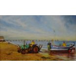 Whitby Coble WY53 at Saltburn Beach, oil on board signed and dated W Sutton (20)01,