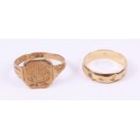 Early 20th century gold signet ring and a gold band both hallmarked 9ct approx 5.