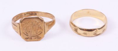 Early 20th century gold signet ring and a gold band both hallmarked 9ct approx 5.