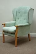 Beech framed high seat armchair upholstered in light blue fabric Condition Report