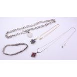 Ruby pendant necklace, opal silver-gilt pendant necklace, stone set tennis bracelet stamped 925,