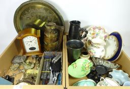 Oak and brass bound jug, mantle clock, Barometer, hand tools, high fired jug,