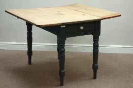 19th century pine dining table, rectangular drop leaf, on painted turned base, drawer to end,