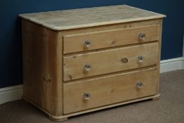 Victorian pine three drawer chest, moulded glass handles, W103cm, H70cm,