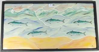 Mosaic plaque hand painted depicting a shoal of fish by Eskdale Studio,