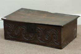 Early 18th century oak bible box, carved front,