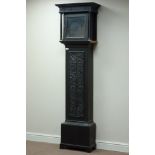 Victorian dark oak longcase clock case, carved trunk door, square hood with strap work frieze,