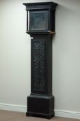 Victorian dark oak longcase clock case, carved trunk door, square hood with strap work frieze,