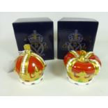 Two Royal Crown Derby Commemorative Crown paperweights, with gold stoppers,