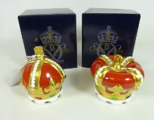 Two Royal Crown Derby Commemorative Crown paperweights, with gold stoppers,
