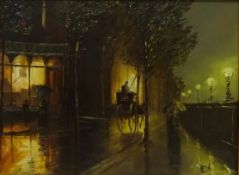 English Street Scene at Dusk, oil on canvas signed by Barry Hilton (British 1941-),