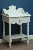 Late 20th century painted pine washstand, single drawer, undertier, raised shaped gallery, W63cm,