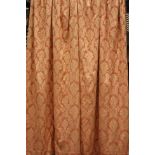 Pair pale gold and peach Damask lined curtains, W130cm,