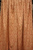 Pair pale gold and peach Damask lined curtains, W130cm,