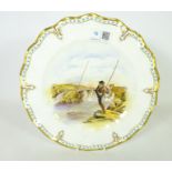 Royal Crown Derby plate decorated with a hand coloured fishing scene, by J.