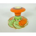 Clarice Cliff Fantastique 'Orange Lily' pattern candlestick, printed mark to base,