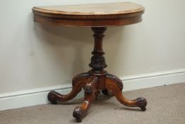 Victorian figured walnut demi-lune swivel fold over top card table, on turned carved column,