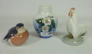 Royal Copenhagen; Robin no. 2266, Cockerel no. 1126 and a small vase no.