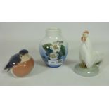 Royal Copenhagen; Robin no. 2266, Cockerel no. 1126 and a small vase no.