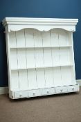19th century painted pine plate rack with five spice drawers, W125cm,