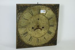 Late 18th century brass longcase clock dial and eight day movement, Roman numerals, engraved dial,