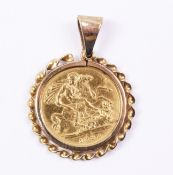 Victorian gold half sovereign dated 1893 in loose pendant mount Condition Report