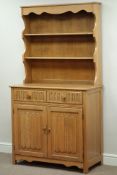 Light oak linenfold two drawer dresser with two tier plate rack, W95cm, H178cm,