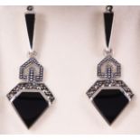 Pair of onyx and marcasite drop ear-rings stamped 925 Condition Report <a