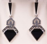 Pair of onyx and marcasite drop ear-rings stamped 925 Condition Report <a