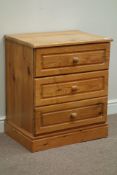 Pair pine thee drawer bedside pedestal chests, W63cm, H73cm,