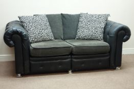 Two seat Chesterfield sofa upholstered in faux leather, contrast scatter cushions,