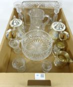 Pair of cut glass candle holders, heavy cut glass water jug and bowl, pair of cut glass vases,